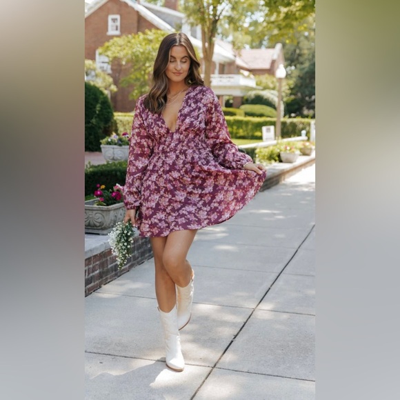 Free People Keep You Floral Print V-Neck Long Sleeve Mini Dress NWT! - Picture 6 of 7